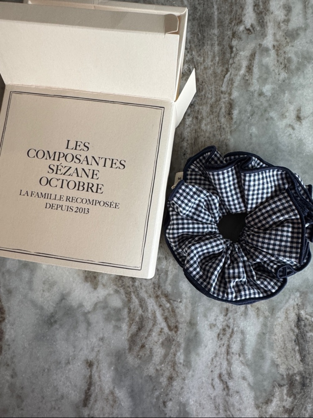 Sezane Navy and White Gingham Ruffled Scrunchie